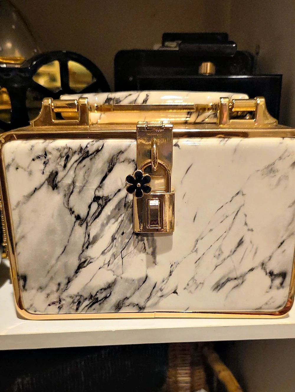 Marble Mini Box Bag in White & Gold
